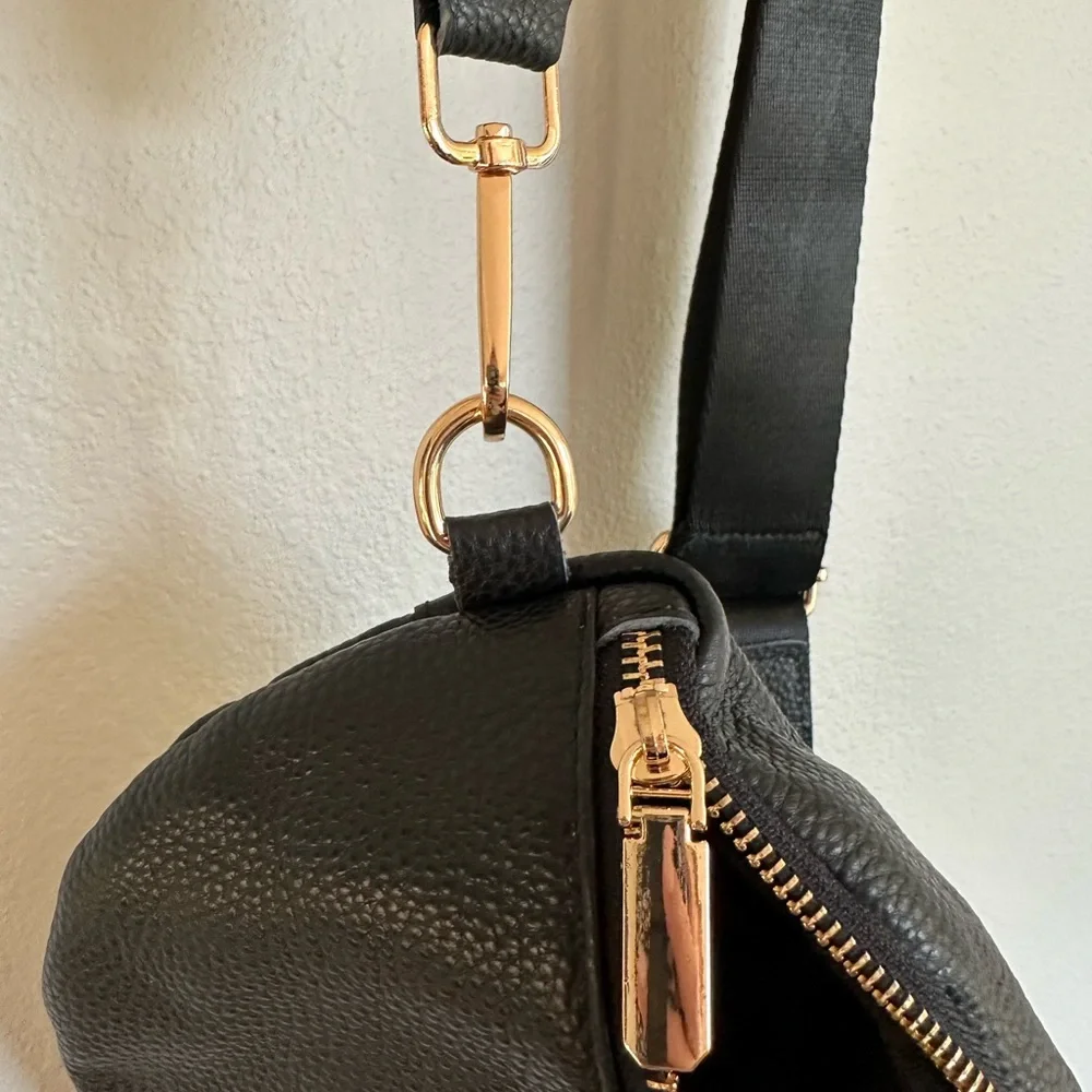 Never Used Black Leather Crossbody Bag Gold Accents - Picture 4 of 4